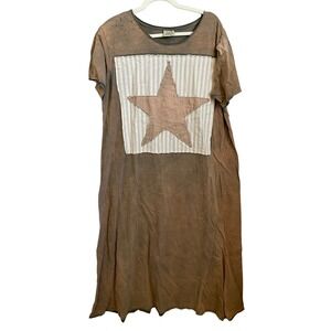 Jaded Gypsy Tattered Tee Dress Womens OS Olive Tan Cotton Star Patch Distressed